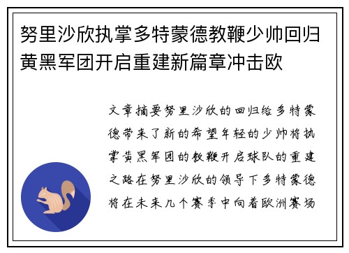 努里沙欣执掌多特蒙德教鞭少帅回归黄黑军团开启重建新篇章冲击欧